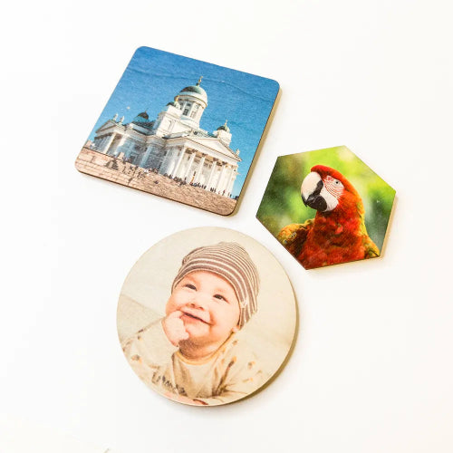 Puinen magneetti omalla kuvalla, eri muotoisia