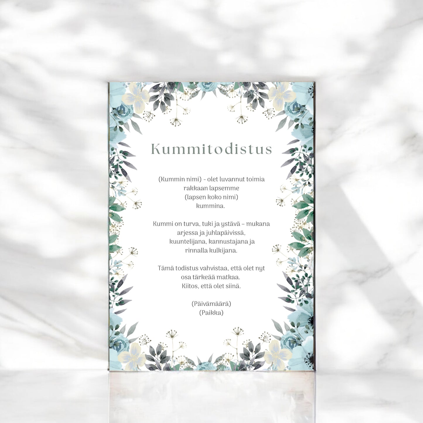 Tulostettava / digitaalinen Kummitodistus, kustomoitu kummitodistus (eri värejä)