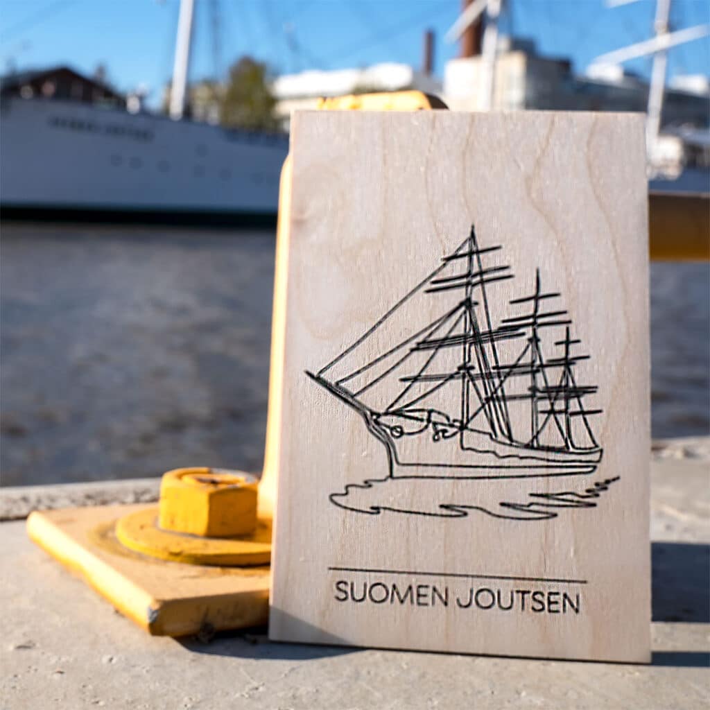 Tuuline Design Suomen Joutsen vanerikortti yhden viivan tekniikalla