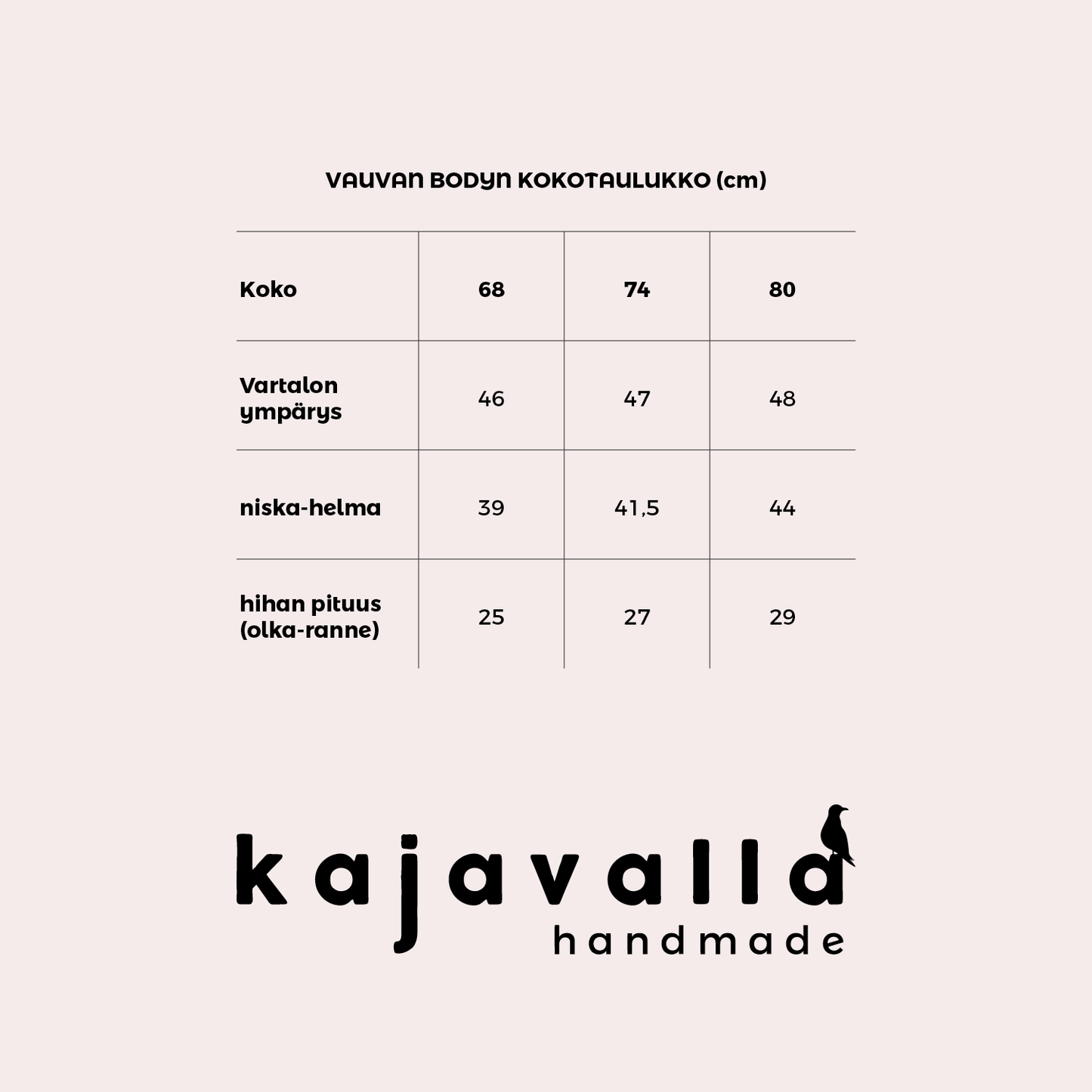 Vauvojen bodyn kokotaulukko