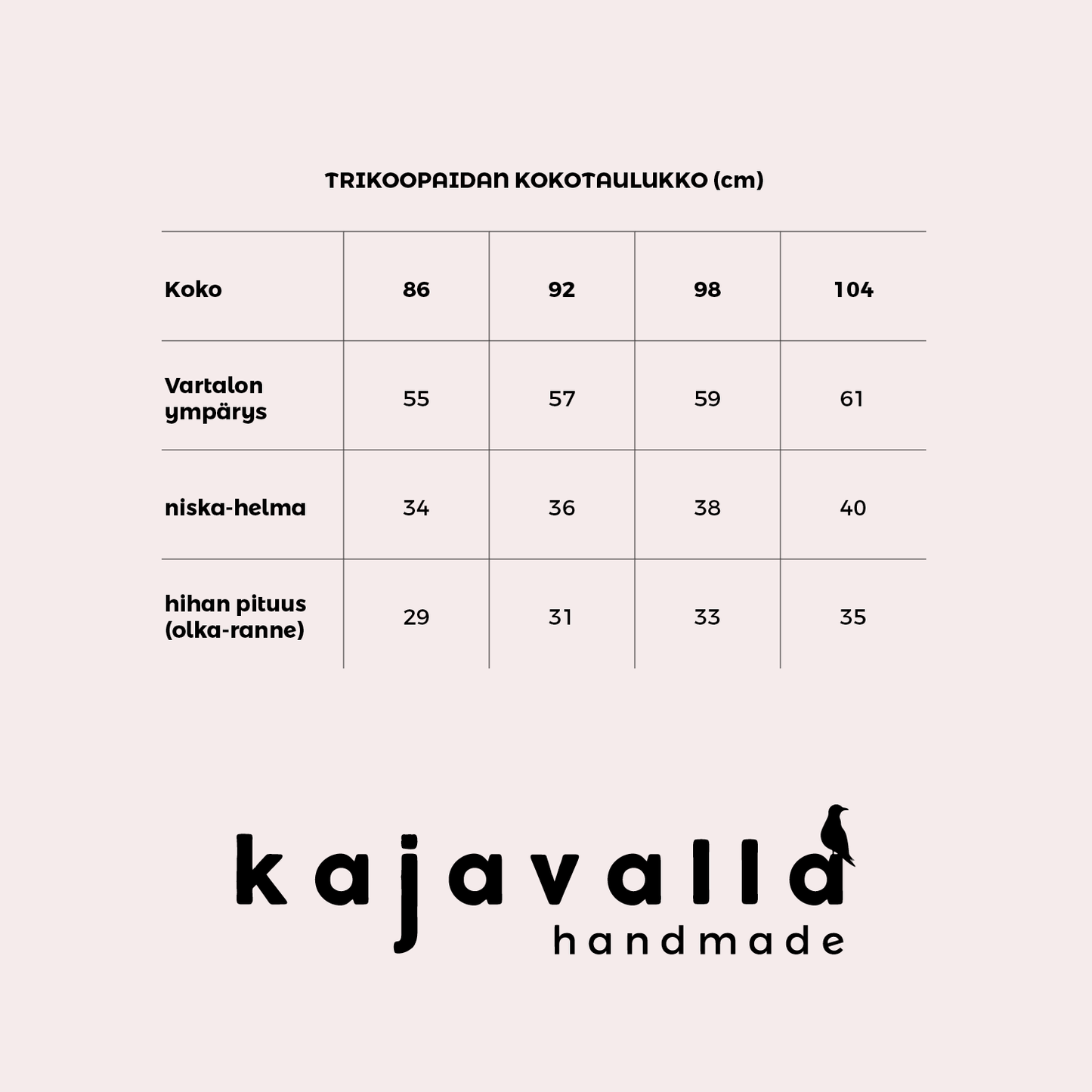 Kajavalla trikoopaidan kokotaulukko