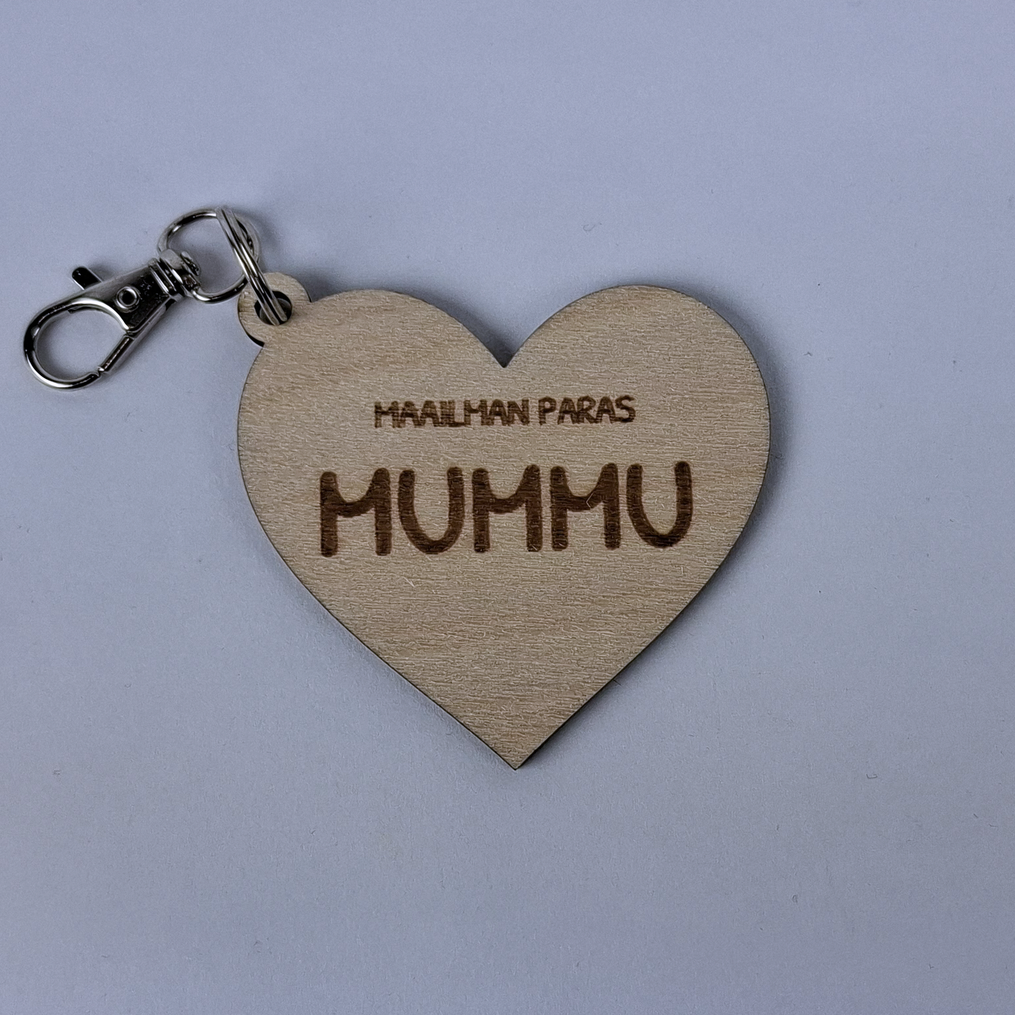 puinen sydämmen muotoinen avaimenperä missä lukee maailman paras mummu