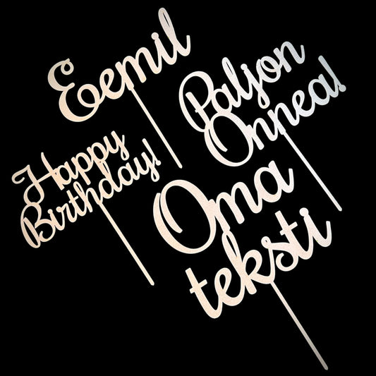 Kustomoitu kakkukyltti omalla tekstillä, suomalaista koivua