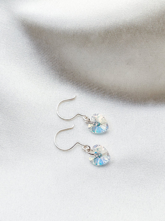 Crystal heart earrings, silver