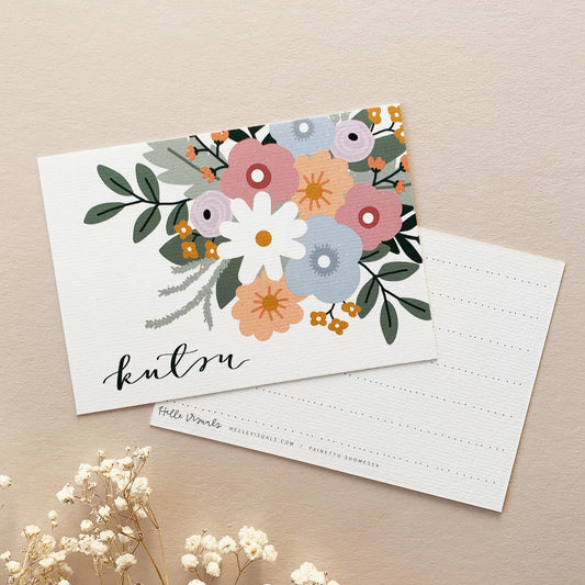 Kukkakimppu -kutsukortti.