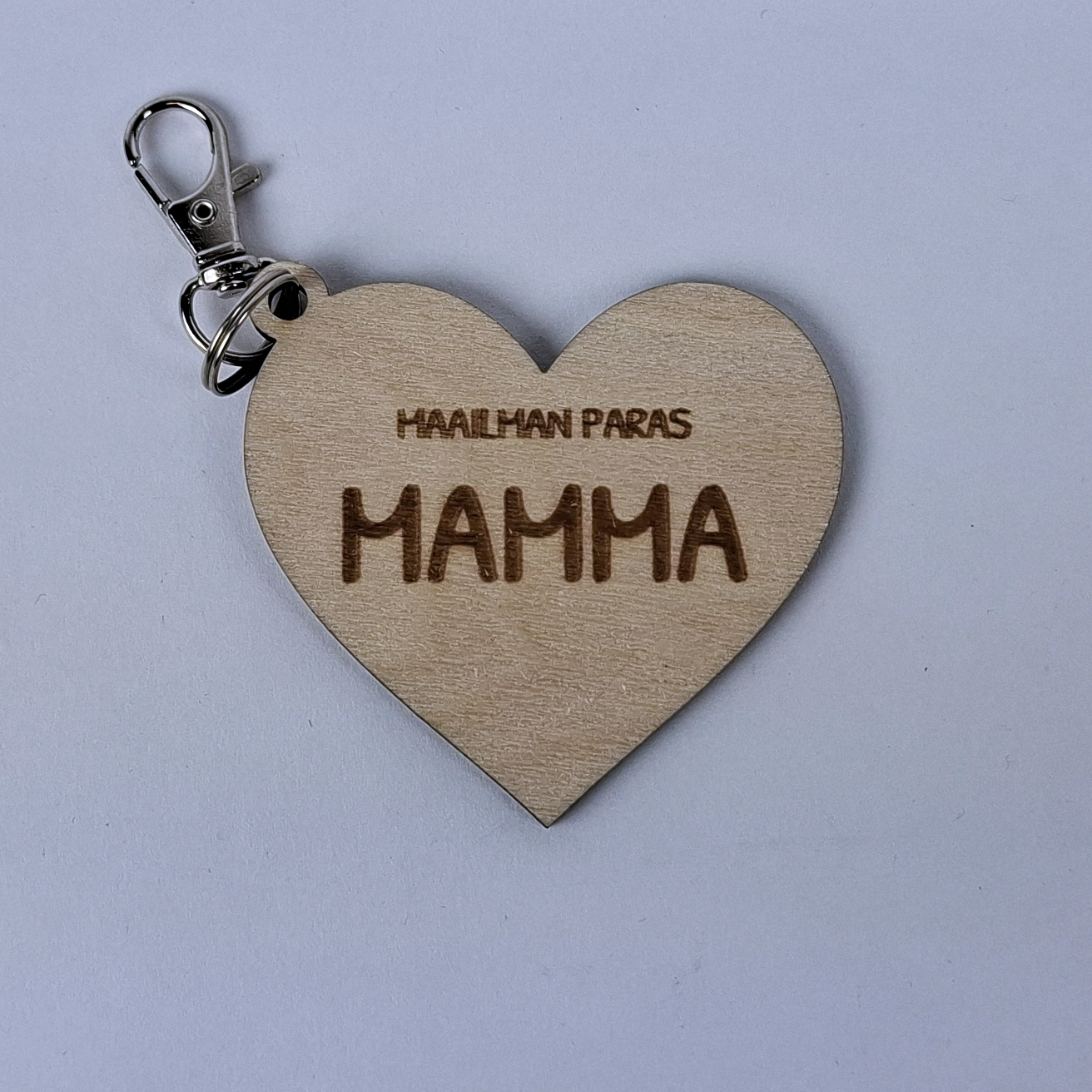 puinen sydämmen muotoinen avaimenperä missä lukee maailman paras mamma