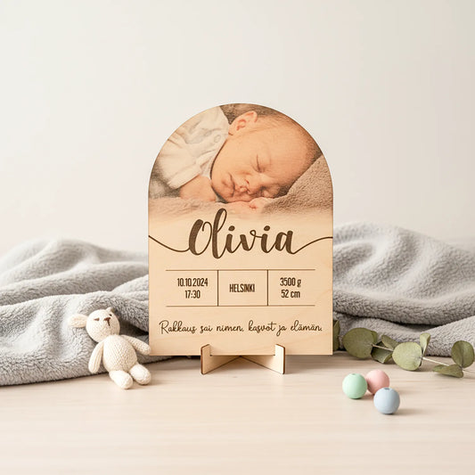 Syntymätaulu, jossa lapsen nimi, kuva, syntymäaika, paino, pituus, ja kustomoitava teksti.