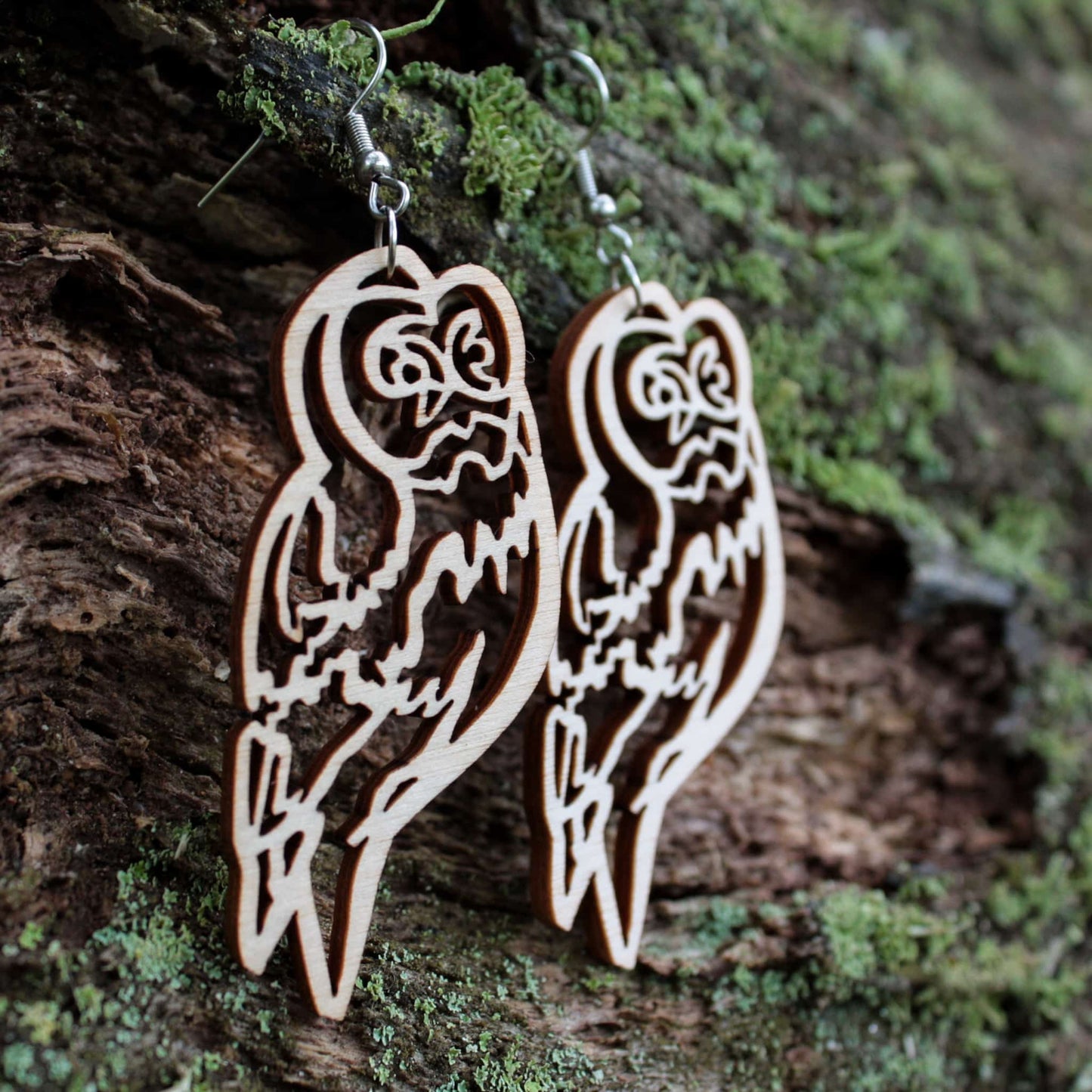 Owl earrings, Finnish birch plywood