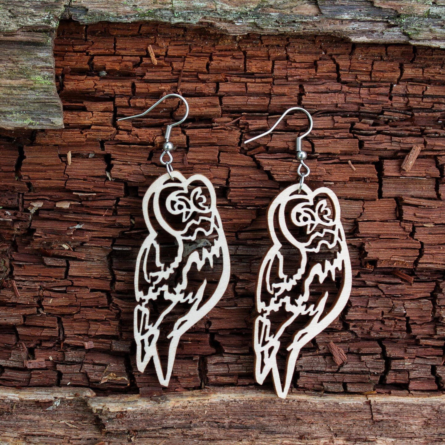 Owl earrings, Finnish birch plywood