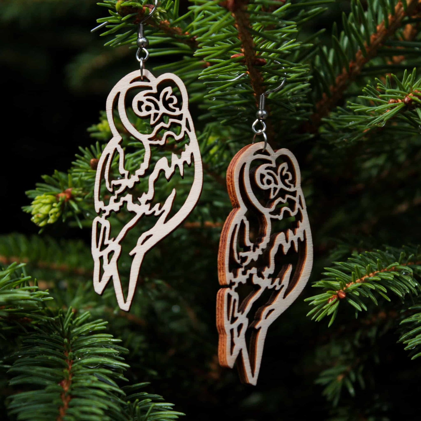 Owl earrings, Finnish birch plywood