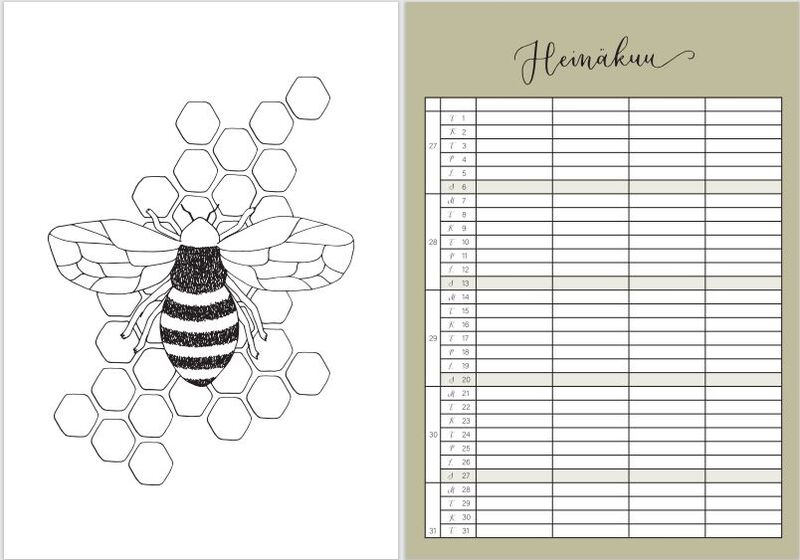 Hento-Perheseinäkalenteri, neljä saraketta, A4 (väritettävät kuvat)