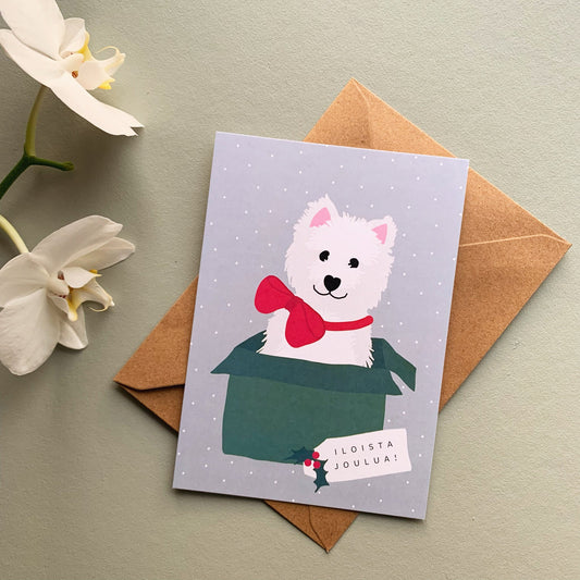 Westie -joulukortti. Valkoinen koira lahjapaketissa.