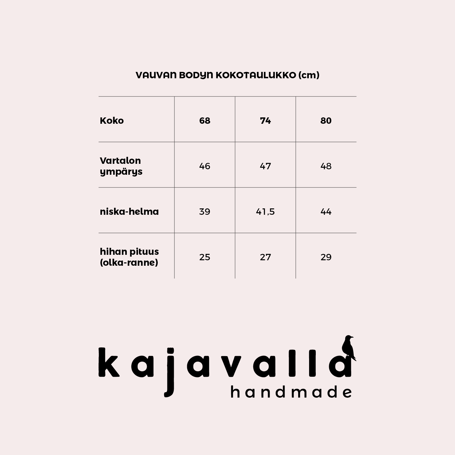 Vauvojen bodyn kokotaulukko