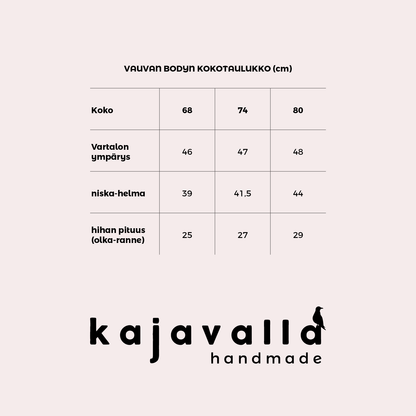 Vauvojen bodyn kokotaulukko