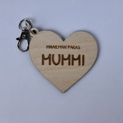 puinen sydämmen muotoinen avaimenperä missä lukee maailman paras mummi