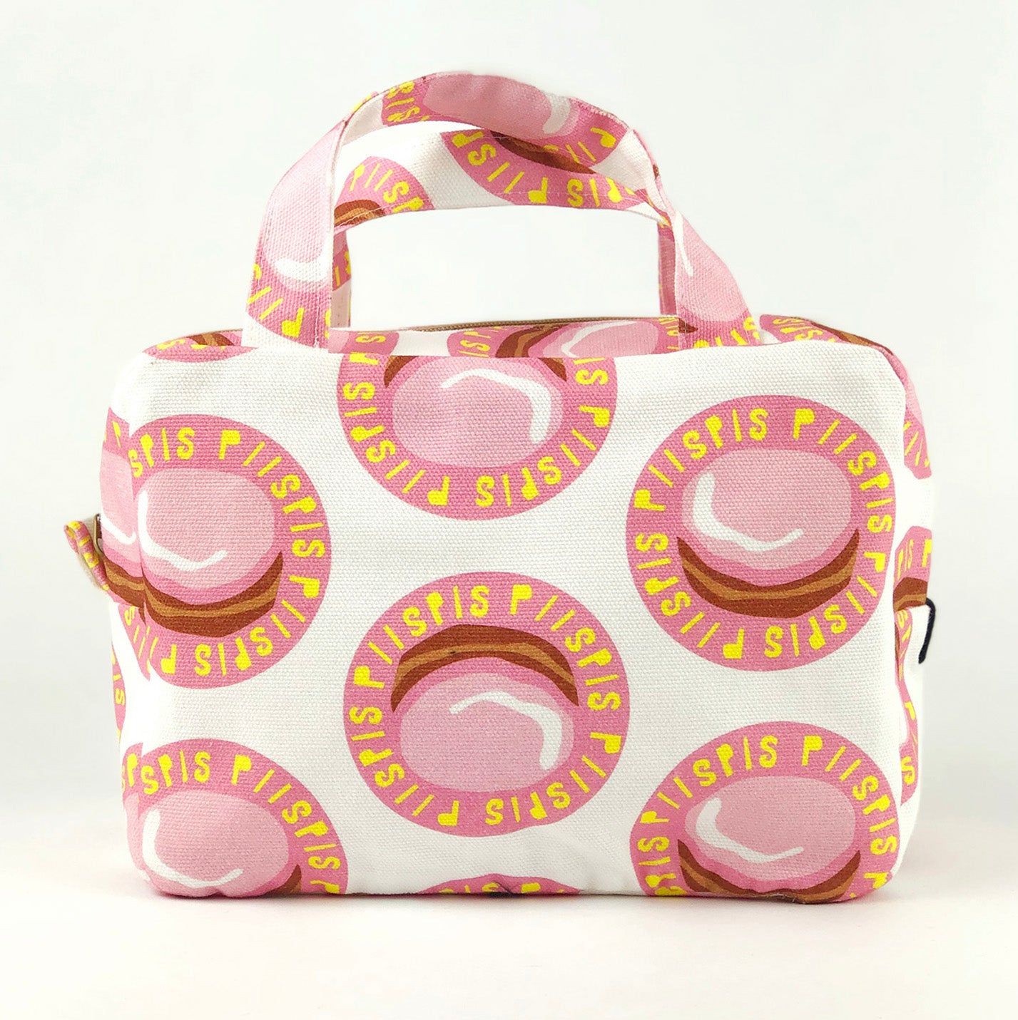 Kui designin Piispis-toilettilaukku. Valkoinen pohjaväri, jossa Piispanmunkki kuosi.