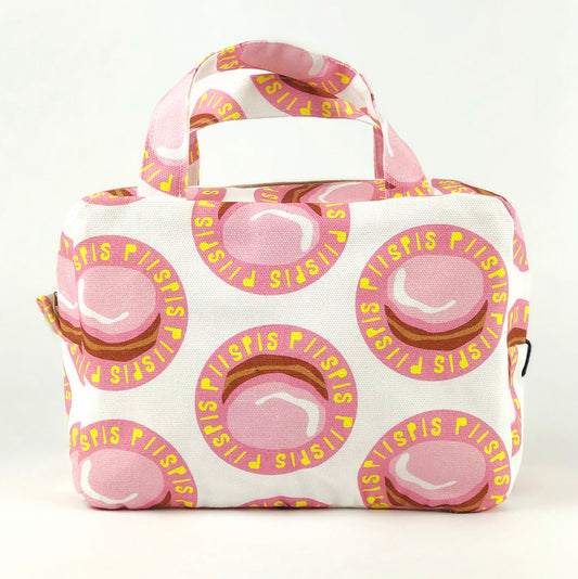 Kui designin Piispis-toilettilaukku. Valkoinen pohjaväri, jossa Piispanmunkki kuosi.