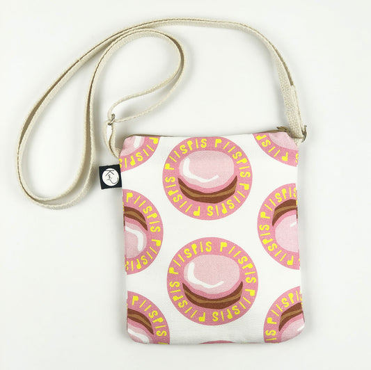 Kui designin Piispis-pikkulaukku. Pohjaväri valkoinen, jossa Piispanmunkkeja.